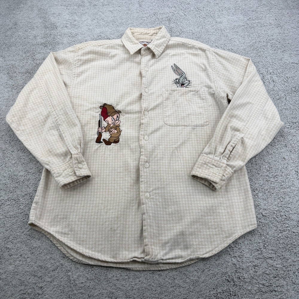 Vintage Looney Tunes Flannel Shirt Mens Medium Plaid Elmer Fudd Bugs Bunny 90s